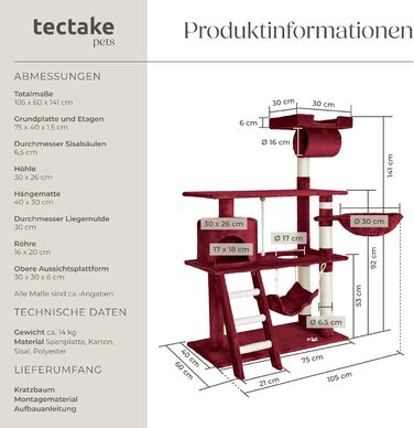 Дерево для котів tectake з будиночком, гамаком, сходами та іграшками, 141 см, з плюшу та сизалю (Бордовий)