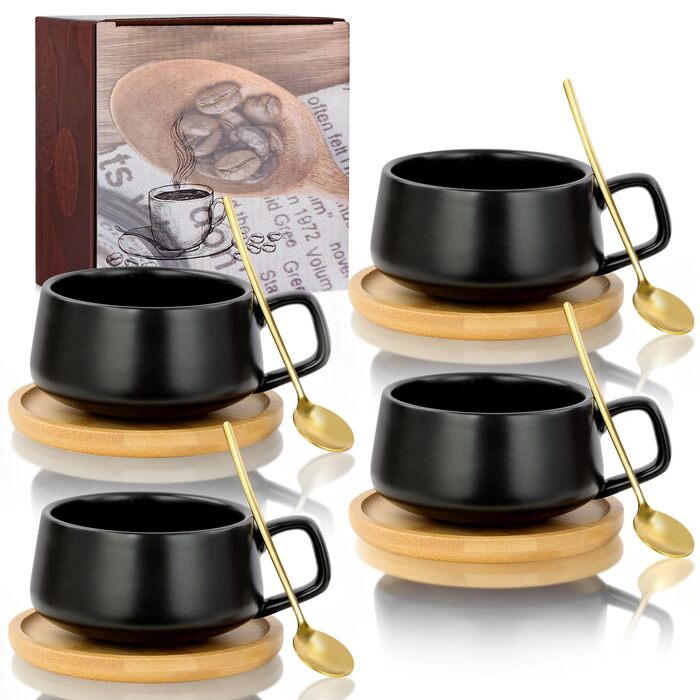 Набір кавових чашок капучино 4 шт. 320 мл, з блюдцем, з кераміки, чорного кольору (Sc Schwarz)