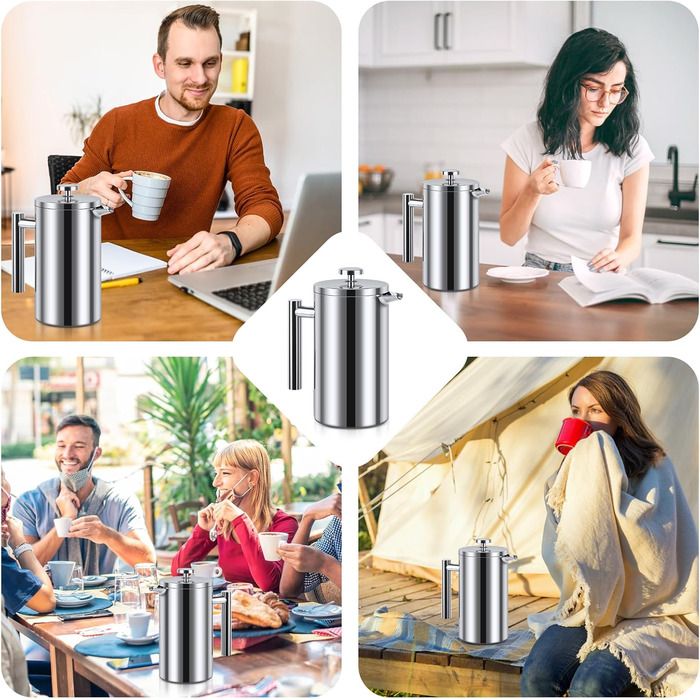 Френч-прес для кави з нержавіючої сталі, 1000 мл, з подвійними стінками, ізольований, для дому, кемпінгу та офісу