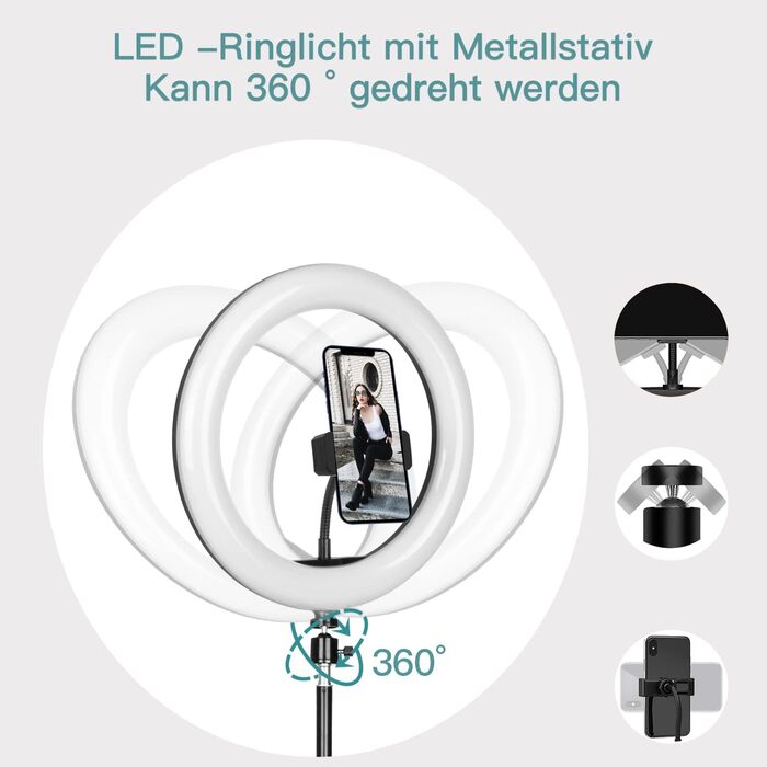 LED кільцева лампа з штативом для телефону, 10 дюймів, з пультом дистанційного керування та подвійним тримачем для телефону, 3 кольори та 10 рівнів яскравості для YouTube, TikTok, фотографії, трансляцій в прямому ефірі [настільний штатив включено]