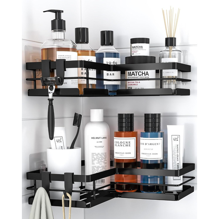 Поличка для душу Kitsure без свердління – 2 шт. Стабільне душове решітка без свердління з швидким стоком, нержавіючою статтю та міцним клейким кріпленням для ванної кімнати, 22,0 x 22,0 x 5,0 см, Чорний