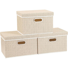 Yawinhe 3-Piece Storage Boxes with Lids, Foldable Fabric Box with Handles, Storage Boxes, for Bedroom, Clothes Storage, 32x23x20cm, SNK023G-3 (38x25x25cm/3-Pack, Beige)
