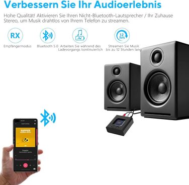 1Mii ML201 Bluetooth адаптер для стереосистеми: бездротовий аудіо приймач з AUX/Cinch, для ПК, смартфонів та планшетів, 12 годин роботи, режим басів Medium