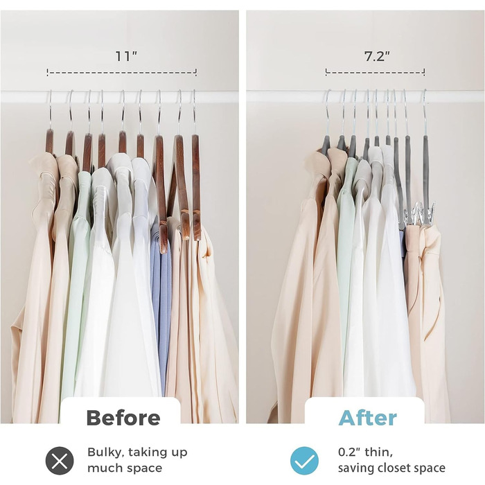 Вело Преміум плюшеві вішалки для одягу з металевими кліпсами, антиковзні та економні, з 1 магічною вішалкою та 2 тримачами для краваток, ідеальні для жінок та чоловіків, 20 шт. (20-PACK, Сірий)