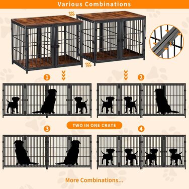 Клітка для собак BingoPaw 2 в 1: дерев'яна клітка-шафа для собак, внутрішнє використання, з роздільною перегородкою та 4 дверима, для 2 маленьких або середніх собак, розмір 90x62x68.5 см, чорна