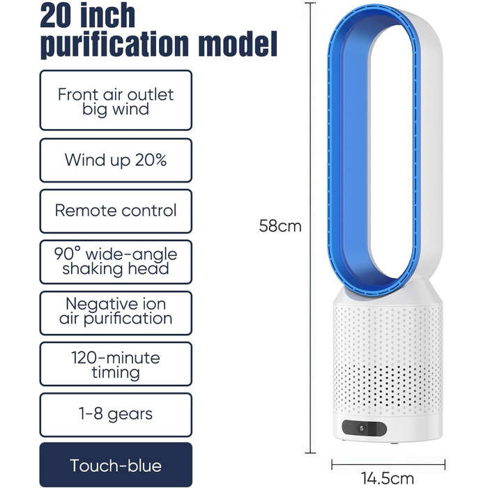 2-в-1 Вентилятор з очищувачем повітря, безщітковий, з пульт дистанційного керування, 8 швидкостей, 90° осциляція, таймер, для спальні, офісу (блакитний)