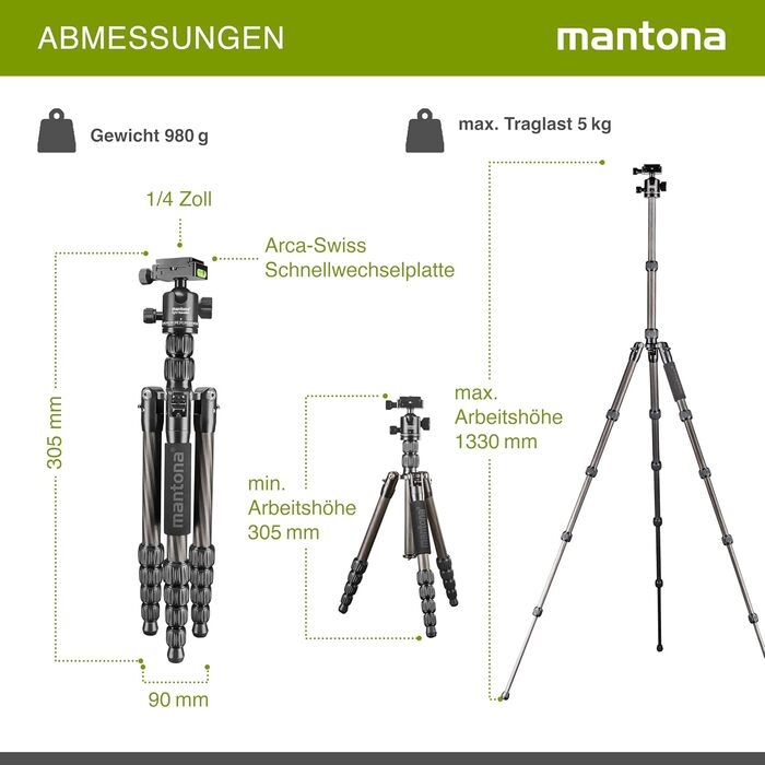 Штатив Mantona Light Traveller 131,5 см: легкий штатив з алюмінію, до 5 кг, з кульковою головкою та Arca-Swiss