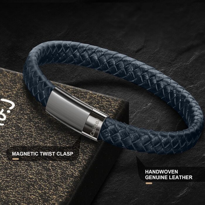 Браслет чоловічий шкіряний плетений Lederarmband з гравіюванням та магнітним застібкою (20 см, синій)