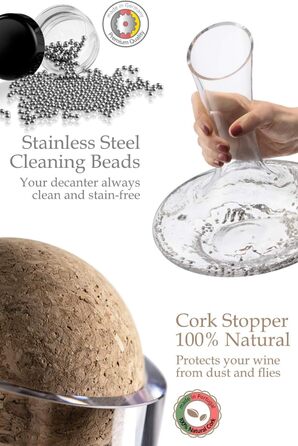 Decanter & Accessories (Cleaning Pearls, Cork Stopper, Trivets & Coasters) - 100% Handmade in Europe Lead-Free Crystal Glass Wine Decanter for Red Wine - Unique Gift Idea