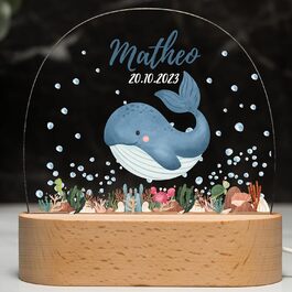 Night light for children with desired name, personalized night lamp dimmable - With a cute animal motif as personalized gifts for children for baptism, birth, Easter & baby gifts (Whale)