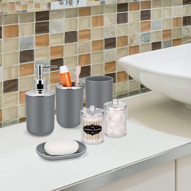 Набір аксесуарів для ванної кімнати IMAVO – 8 предметів сірого кольору (сміттєвий бак, дозатор мила, мильниця, тримач для зубних щіток, тримач для унітазного йоржика, диспенсер для ватних паличок з етикетками)
