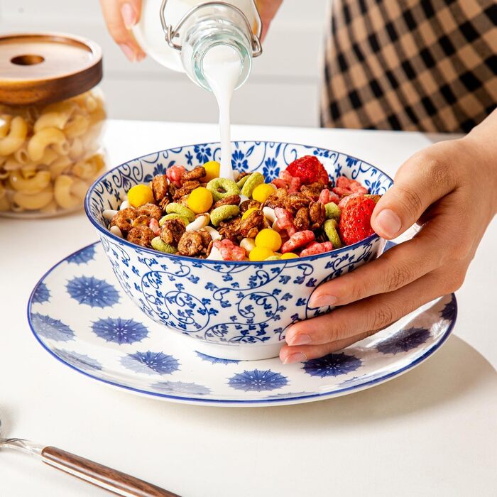 Набір супових тарілок з кераміки (6 шт.) - 709 мл, глибокі миски для каші, салату, пасти, десерту - кераміка, блакитний вінтаж