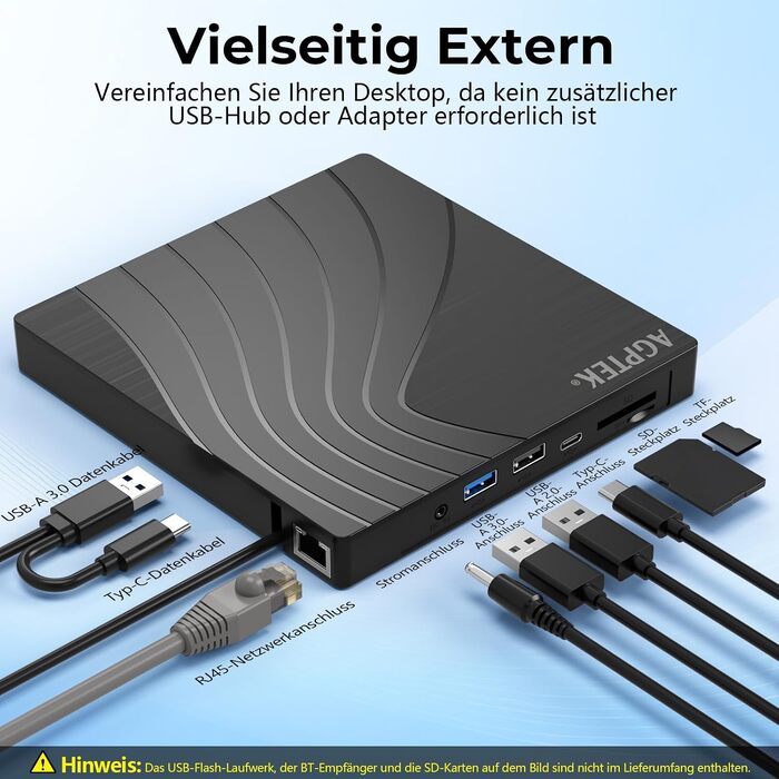 Зовнішній DVD-накопичувач AGPTEK USB 3.0 Slim CD/DVD-брунер з картридером TF/SD для ноутбука, MacBook, Windows, Linux, Mac OS
