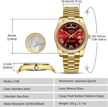 Годинник NIBOSI для чоловіків: аналоговий кварцовий годинник з діамантовою лускою, сталевий циферблат рожевого золота, срібний, водонепроникний, бізнес-стиль, класичний годинник з датою та індикатором дня тижня (золотий, червоний)