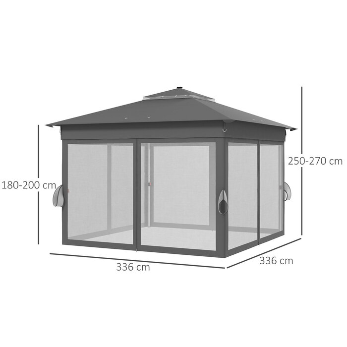 Outsunny Folding Gazebo, approx. 3 x 3 m, Gazebo with LED lights, 4 mosquito nets, side walls, garden gazebo with water bag, double roof, carry bag, dark grey | Aosom