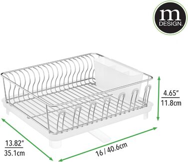Сушарка для посуду mDesign з металу, 3-в-1: знімний кошик для столових приборів, пластикова підставка, органайзер для посуду, срібляста/прозора