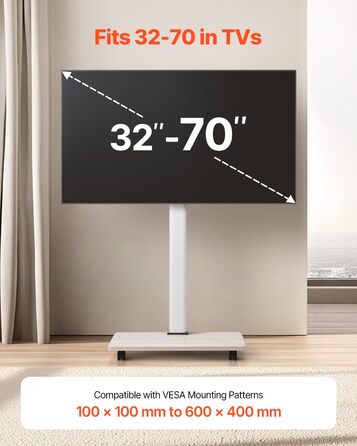 Підставка для телевізора VEVOR на колесах, телевізійна візок для телевізорів 81-178 см (812,8-1778 мм), до 45 кг, поворот 25° вліво/вправо, регульована по висоті, з полицею для кута спальні/вітальні (макс. 600 x 400 мм)