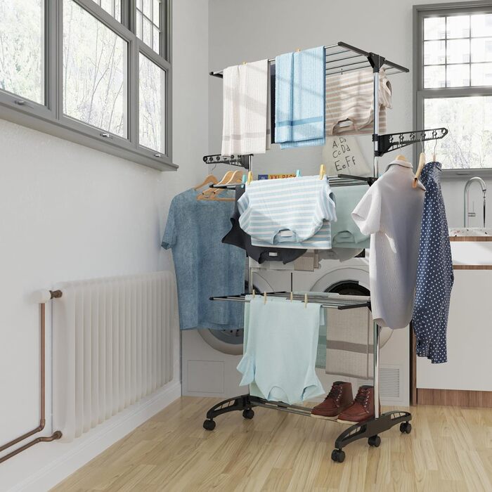 Сушарка для білизни Hyfive для дому - 4 яруси, складана, економна, з полицею для взуття, нержавіюча сталь, легке зберігання - чорна