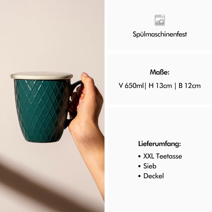 KIVY Large Teacup with Lid and Infuser - 650ml - XXL Large Cup - Teacup with Infuser - Large Teacup - Jumbocup - Cup with Lid - Teacup - Teacups - Large Cup XXL - Large Tea Cups