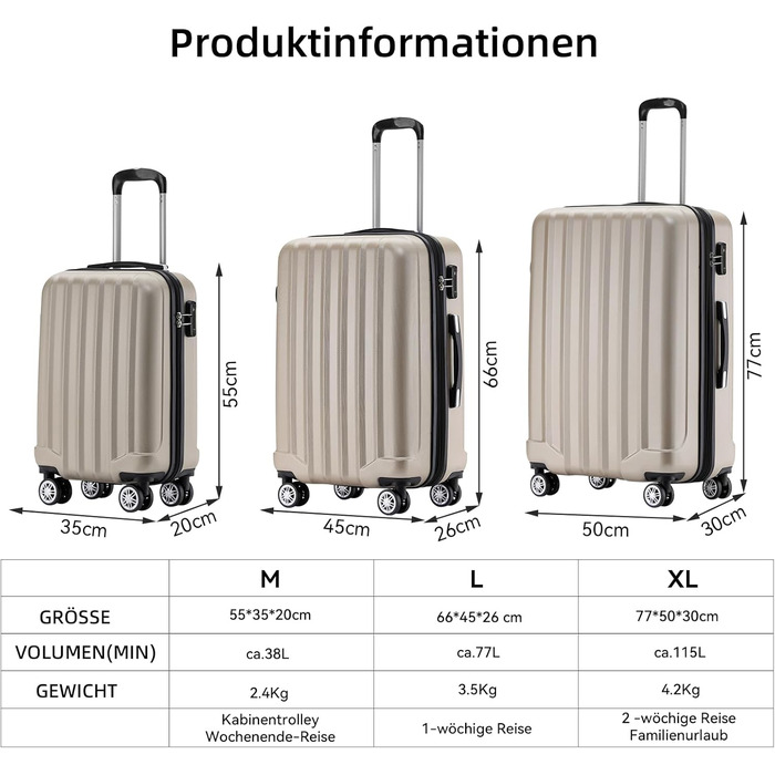 Валіза Beibye TSA 2080 з подвійними колесами, набір, хардлайнер (шампань)