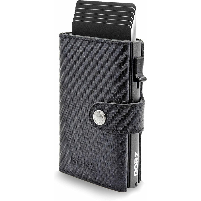 MAXUS MAGNETIC 2: Тонкий шкіряний гаманець з відділенням для монет, сумісний з AirTag, RFID захистом, для карток та грошей (Carbon Leather, Антрацит)