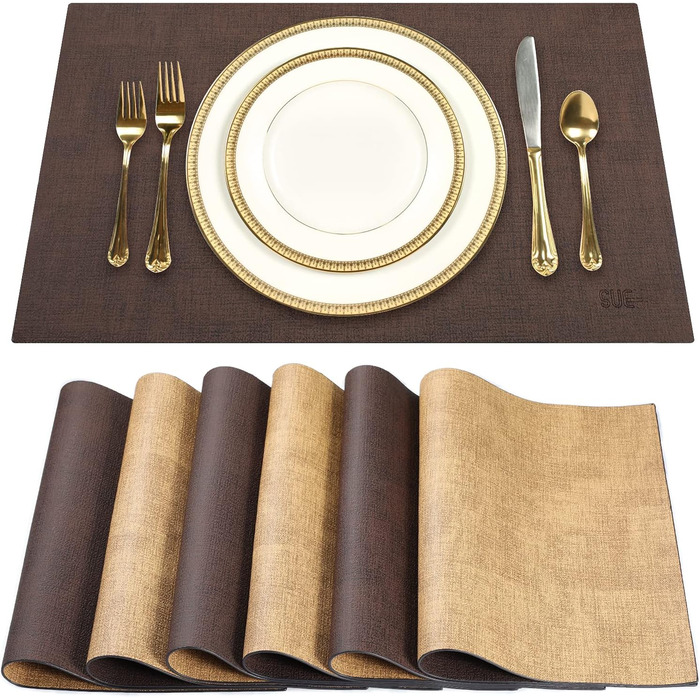 SUEH DESIGN Leather Placemats - Set of 6 Placemats, Washable, Leather-Look, Heat-Resistant PU Faux Leather Placemats for Home Kitchen Dining Table, 43cm x 31cm
