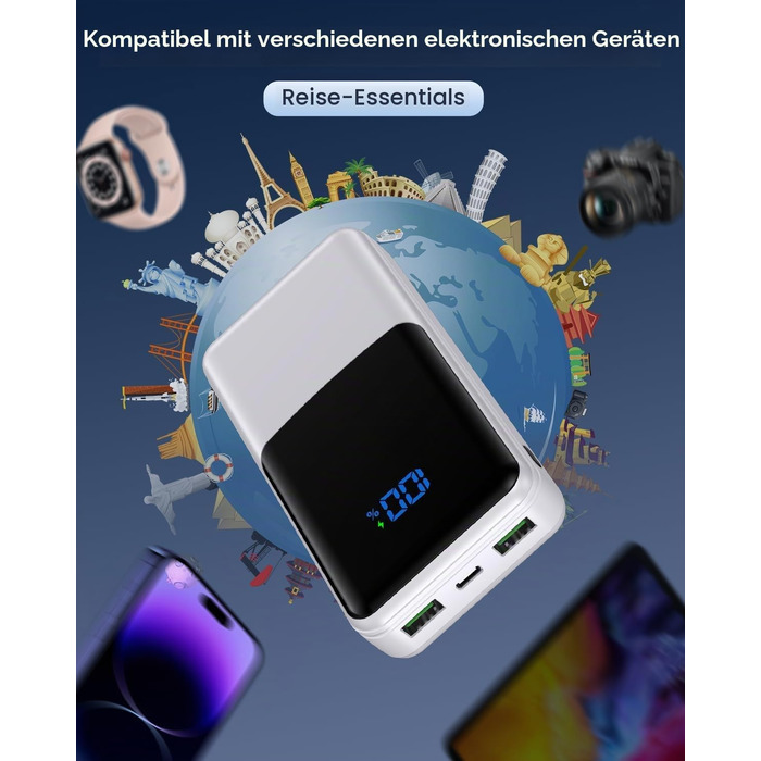 Повербанк Power Bank 27000mAh з швидкою зарядкою USB-C PD 20W, зовнішній акумулятор для iPhone та Samsung з LED-дисплеєм, 2 входи та 3 виходи (Білий)