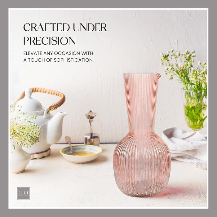 Elle Decor Ribbed Glass Carafe | Water Pitcher for Iced Tea, Wine Decanter, Mixed Drinks, and Beverages | Glass Carafe for Mimosa Bar | 1.1L Sangria Pitchers for Parties | 12 cm D x 24 cm H (Pink)