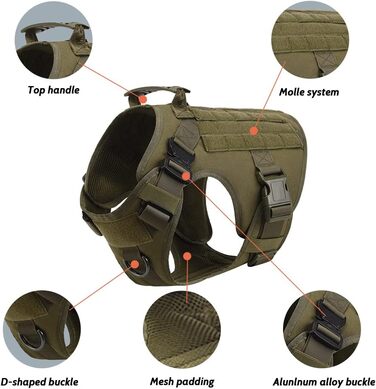 FEIMA Tactical Dog Harness with Handle Military Mesh Working Tactical Dog Vest Chest Harness for Large Dogs No Pull Adjustable Vest for Walks Training (Army Green, S) Army Green S