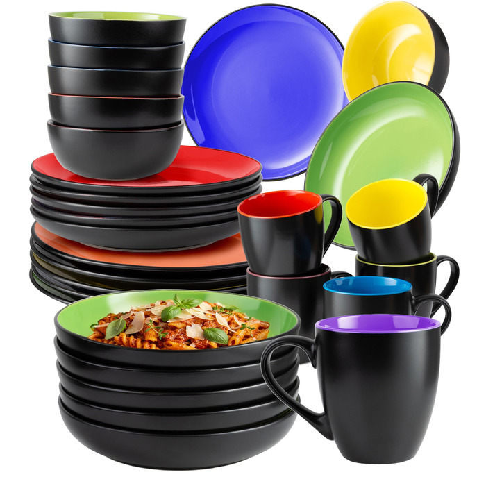 MIAMIO Набір посуду на 6 осіб / Столовий сервіс з 30 предметів (тарілки, миски, чашки, супові тарілки) - Колекція Le Papillon (Кольоровий, 30 предметів)