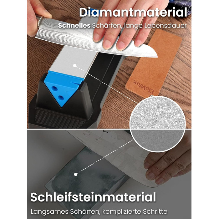 Набір точильних каменів 3-ох сторін, з бруском для заточування, 400/1000/5000 гріт, з нековзною підкладкою, кутовою наставкою та шкіряним ремінцем (діамантовий камінь блакитний)