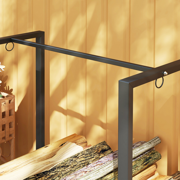 Поличка для дров Outsunny 240 x 32 x 115 см – міцна металева конструкція з двома секціями та трьома гачками. Ідеально підходить для зберігання дров як на вулиці, так і в приміщенні. Витримує навантаження до 300 кг. Виготовлена зі сталі, колір – чорний. Бр