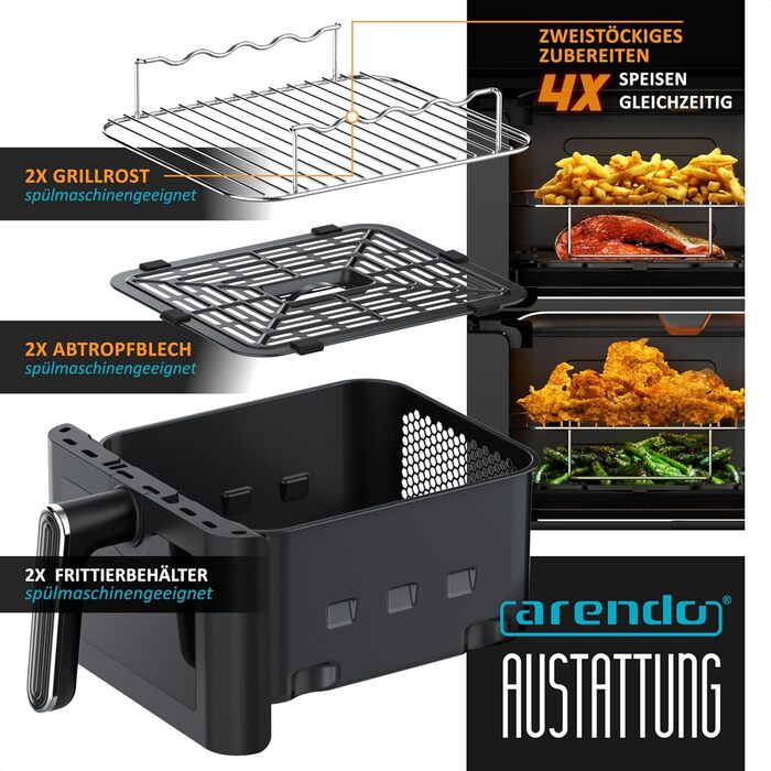 Фритюрниця Arendo з гарячим повітрям XXL Dual Zone з 2 камерами – 11 л – 2 зони – Airfryer з подвійними камерами та вікном – 6 програм – Без BPA – 3D циркуляція повітря – Функції Sync та Match A: 11 літрів