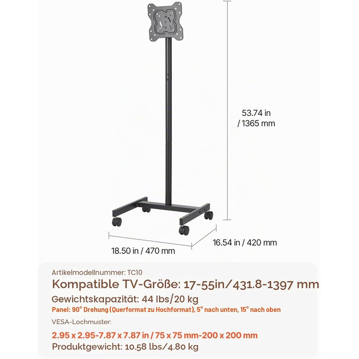 Стійка під телевізор VEVOR мобільна на колесах, 1510-1696 мм, VESA 100x100/400x600 мм, до 59.8 кг, для телевізорів 17-55 дюймів