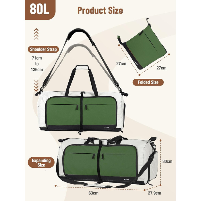 Спортивна сумка Lekesky 80L для подорожей та спортзалу, 45x36x20 см, водонепроникна, з відділенням для взуття (бежево-зелена)