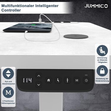 Електричний регульований стіл JUMMICO 140x70 см з бездротовою зарядкою, USB та євро-розеткою, сірої кольору – письмовий стіл для роботи стоячи та сидячи