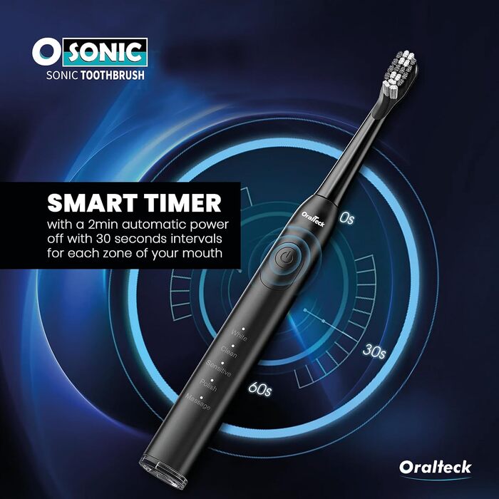 Звукова електрична зубна щітка OSONIC з 8 насадками, 5 режимів, відбілювання за 2 тижні, таймер 2 хв, IPX8, для дорослих та дітей, USB зарядка (біла)