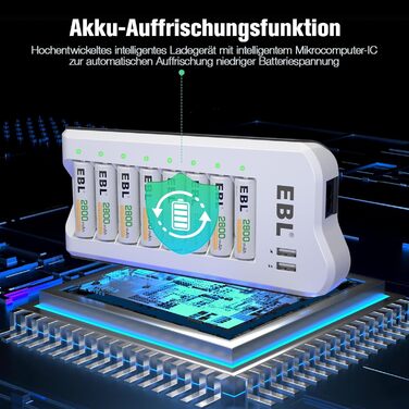 Зарядний пристрій EBL для акумуляторів AA AAA (NI-MH, NI-Cd) та USB пристроїв, 8 слотів, LED дисплей, 2 USB порти