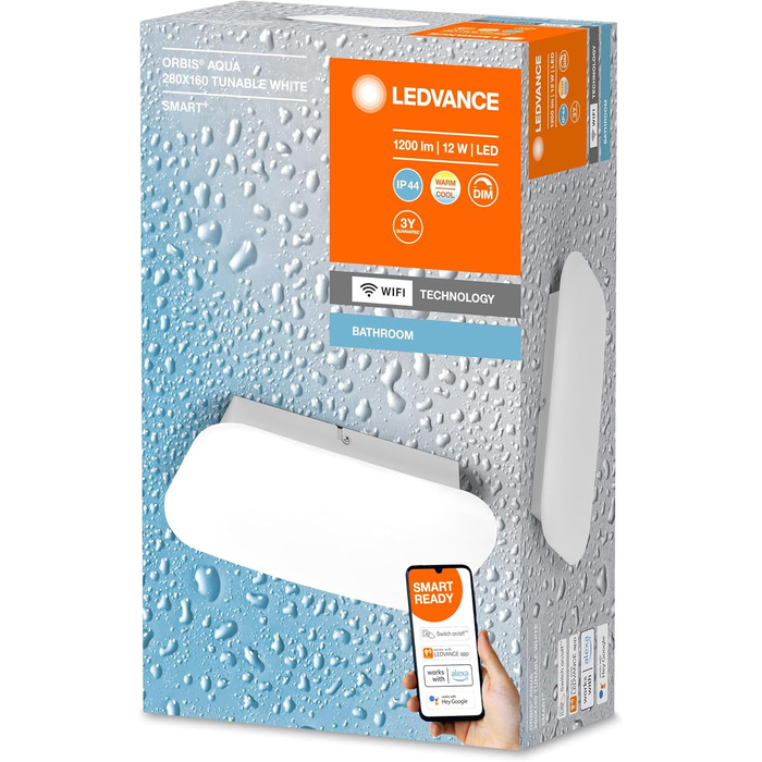 LEDVANCE Smart LED Bathroom Lamp white, 1200LM, 3000-6500K, 300mm x 70mm, IP44, Orbis Bath Bathroom Light with Wifi Technology, dimmable, controllable via App and Voice Assistants (White, 28 x 10 cm, Aqua)