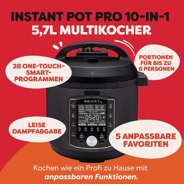 Instant Pot Pro 10-в-1: мультиварка-скороварка, 1200 Вт, 5.7 л, чорна нержавіюча сталь. 10 функцій: скороварка, плита, рисоварка, пароварка, йогуртниця, Sous Vide.
