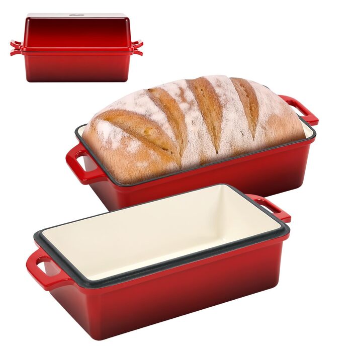 Форма для випічки хліба Northriver Brotbackform з емальованого чавуну, 22.9x12.7 см, червона (набір 2 шт.) - для хліба, пирогів, запіканок