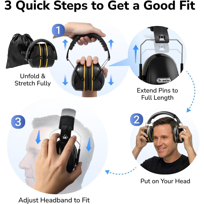 Захисні навушники Dr.meter SNR 31dB: комфортні та регульовані для дорослих, чорно-жовті