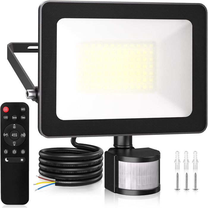 MEIKEE 60W LED Floodlight with Motion Sensor, 5900LM, 6500K Cool White, 3 Modes, 10 Brightness Levels, LED Floodlight with Sensor, IP66 Waterproof, Spotlight for Garden, Garage, Sports Field