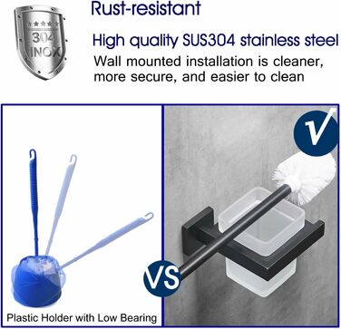 WC Brush and Holder Wall Brush Holder, Chrome, Toilet Brush Set Toilet Brush Set made of 304 Stainless Steel and Frosted Glass for Bathroom (Matte Black)