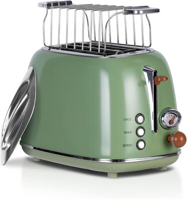 Wiltal Retro 2-Slice Toaster with 6 Adjustable Browning Levels, Stainless Steel with high-quality bread roll attachment. Warming, defrosting, and cancel function, countdown display, quick-toast technology (green)