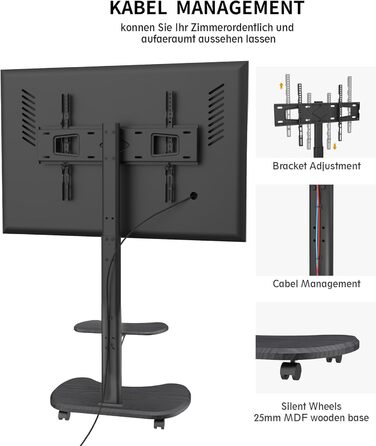 Підставка для телевізора Stellar на коліщатках з полицею, регульована по висоті та поворотна. Підходить для телевізорів 32-70 дюймів, до 45 кг, універсальна, VESA 600x400, білий (чорний)