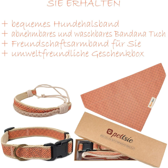 Нашийник для собак Pettsie з банданою та браслетом дружби, регульовані розміри S, M, L, знімний бандана, приваблива упаковка, для любителів собак, зелений (S 25,4-39,4cm, помаранчевий)