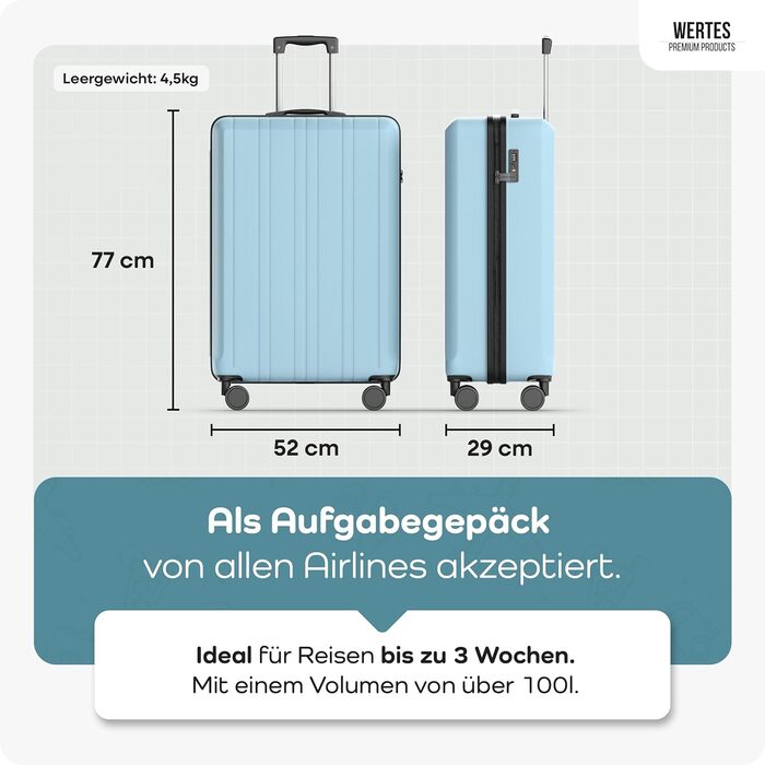 Чемодан великий 77см, 100L, TSA замок, жорсткий корпус, подвійні колеса, валіза на колесах, блакитний колір