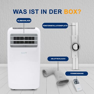 Мобільний кондиціонер SereneLife 9000 BTU з виносним шлангом – 3 в 1: кондиціонер, вентилятор, осушувач повітря. Підходить для приміщень до 42 м², білий.