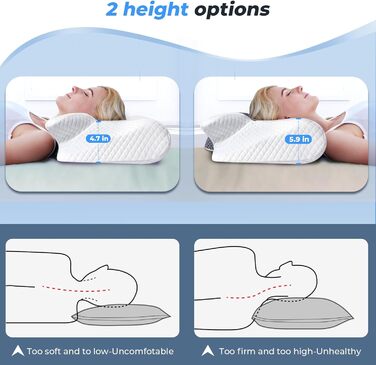 Подушка для шиї Saheyer з Memory Foam, 2-в-1: підтримка шиї, подушка для голови, для сну на боці, на животі та на спині, знімний та дихаючий чохол, 59 * 43 * 12/15 см, сіро-білий
